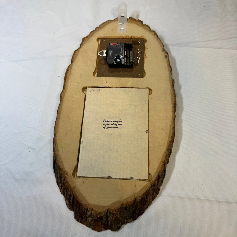 Vintage Live Edge‎ Wood Wall Clock Kitten Picture Frame Rustic Cabin Decor Brown